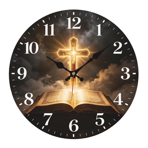 Christian Cross Printing Wall Clock Modern 10 Inch Battery Operated Silent Non Ticking Small Analog Clock Decorative for Bedroom Kitchen Bathroom Office Home