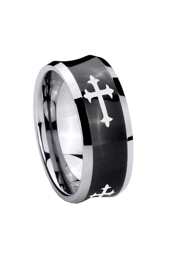 Christian Cross Religious 8MM Concave Black Tungsten Men Ring