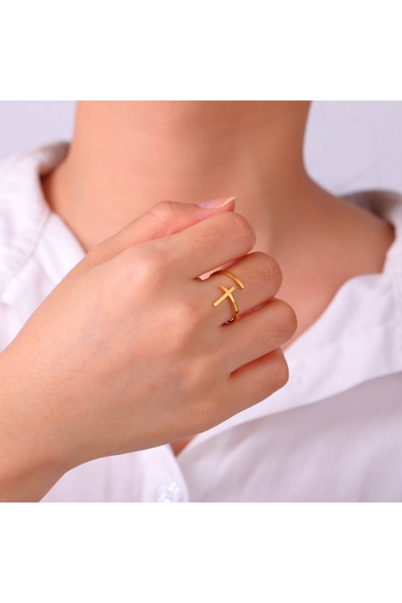 Christian Cross Ring for Women 14K Yellow Gold Adjustable Geometric Crucifix Rings Minimalist Christ Jesus Jewelry Gift