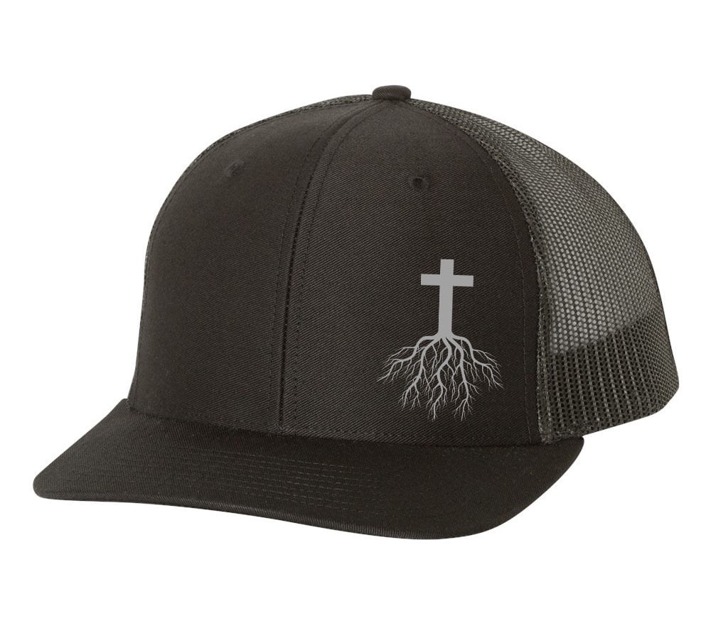 Christian Cross Roots Jesus Christ Mens Embroidered Mesh Back Trucker Hat, Black/Black