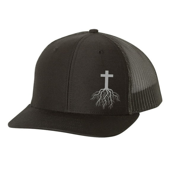 Christian Cross Roots Jesus Christ Mens Embroidered Mesh Back Trucker Hat, Black/Black