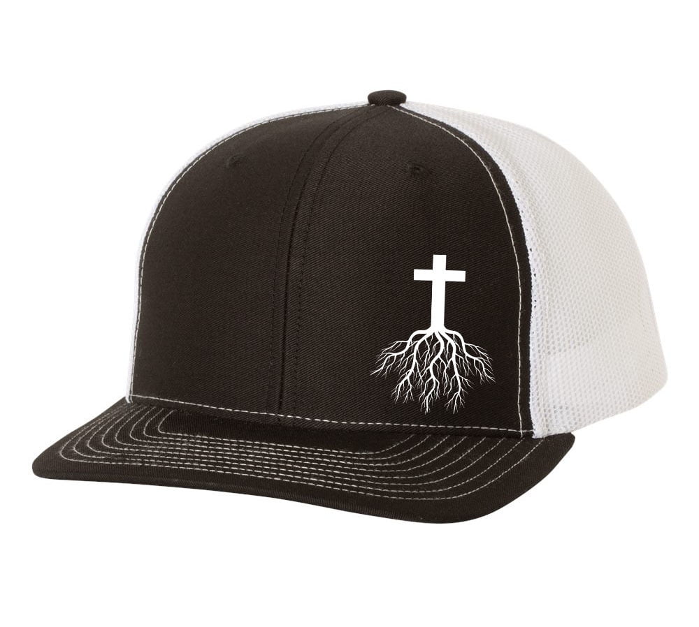 Christian Cross Roots Jesus Christ Mens Embroidered Mesh Back Trucker Hat, Black/White