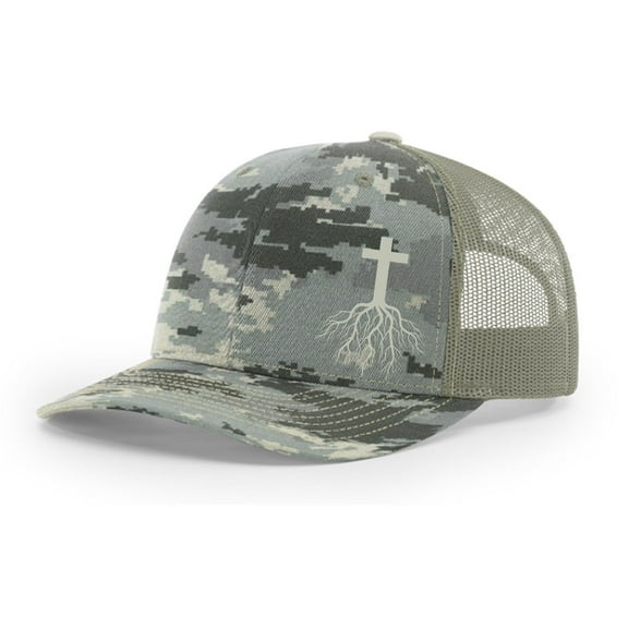 Christian Cross Roots Jesus Christ Mens Embroidered Mesh Back Trucker Hat, Digi Camo/Light Green
