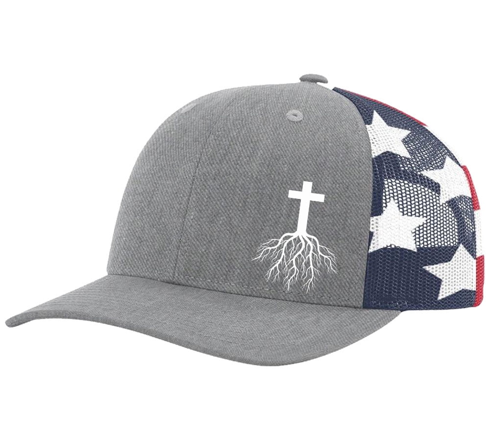 Christian Cross Roots Jesus Christ Mens Embroidered Mesh Back Trucker Hat, Heather Grey/American Flag