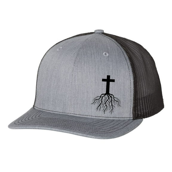 Christian Cross Roots Jesus Christ Mens Embroidered Mesh Back Trucker Hat, Heather Grey/Black