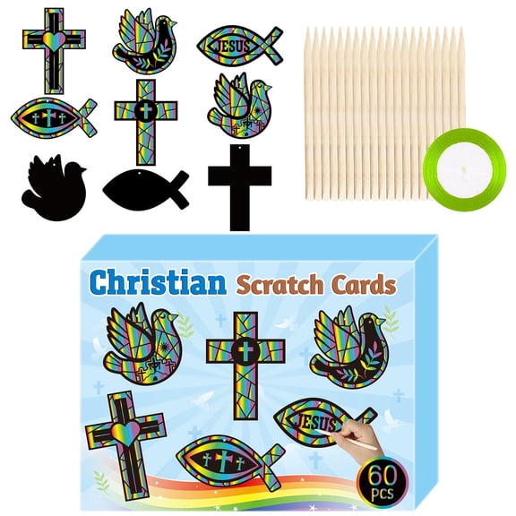 Laffact Christian Cross Scratch Cards Ornaments Gift Box Kit,DIY Scratch Paper Art Craft,60 Counts