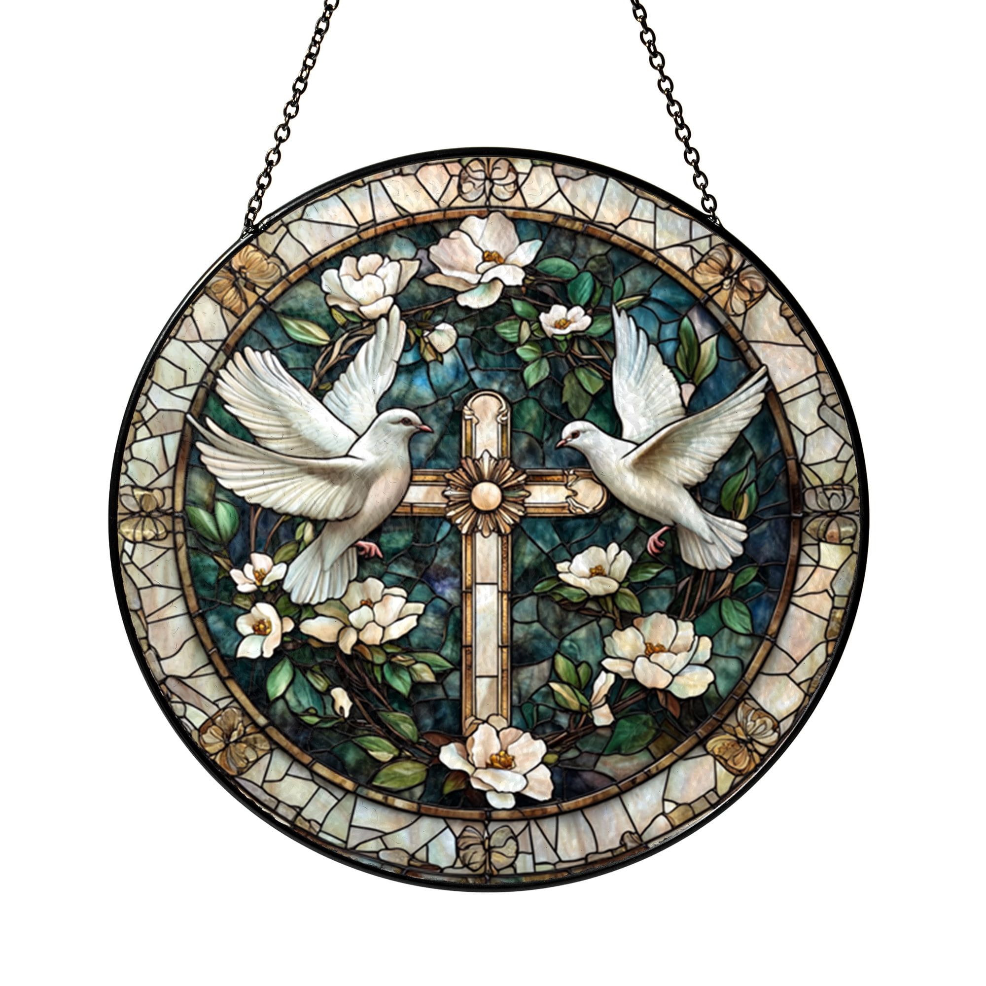 Christian Cross Stained Glass Suncatcher – Doves & Floral Window Decor ...