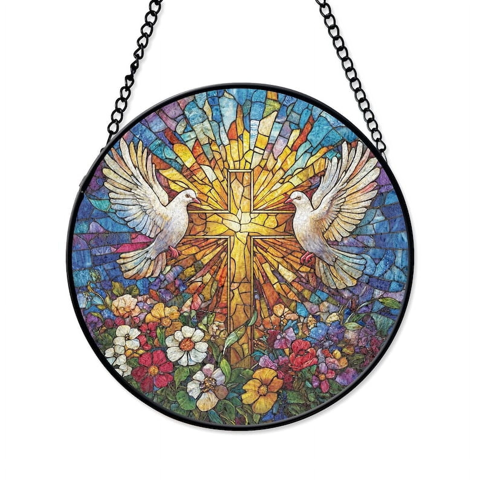 Christian Cross Stained Glass Suncatcher, Radiant Doves Window Hanging ...