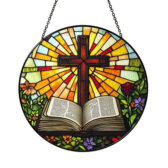 Christian Cross Stained Glass Suncatcher, Religious Window Hanging Decor for Faith Inspired Home