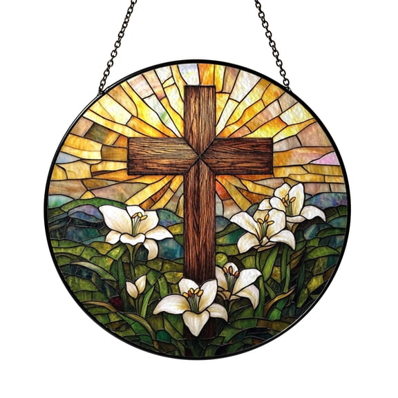 Christian Cross Stained Glass Suncatcher Window Hanging, Floral Cross Design Window Decor for Home
