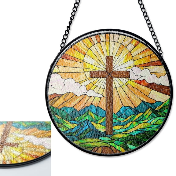 Christian Cross Stained Glass Window Hanging, Jesus Light Suncatcher