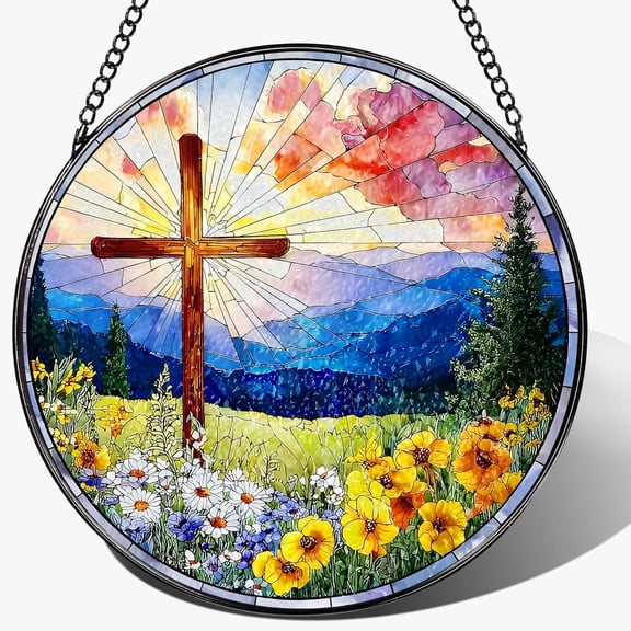 Christian Cross Sun Catcher, Stained Glass Window Hanging, Religious Suncatcher for Windows, Sun Catchers Indoor Window, 6.3x6.3in