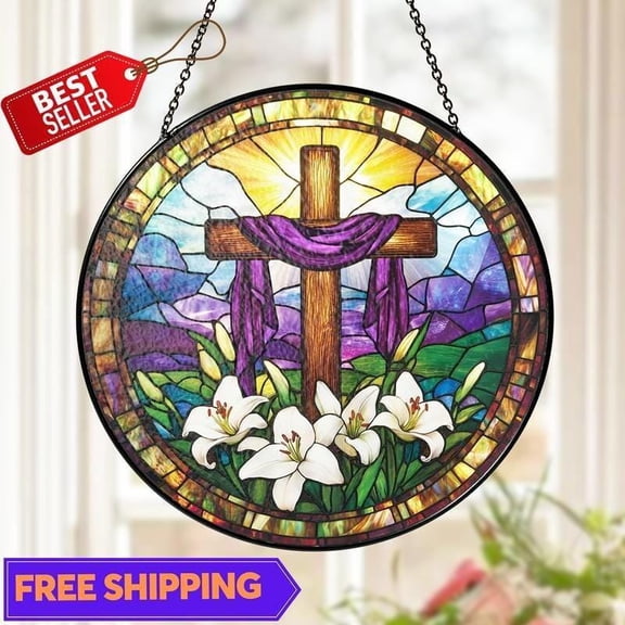 Christian Cross Suncatcher, Glass-Effect Purple Floral Window Hanging