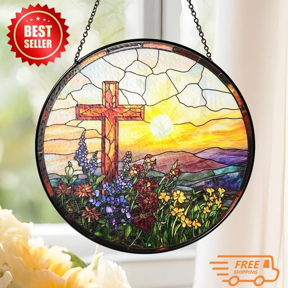 Christian Cross Suncatcher, Glass-Effect Round Floral Sunset Panel