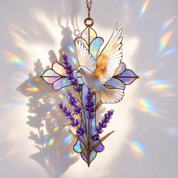 Christian Cross Suncatcher Stained Glass Style Acrylic Ornament Dove Lavender Design Window Hanging Car Decor Religious Memorial Gift for Easter Christmas