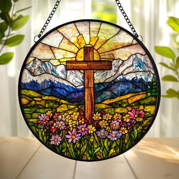 Christian Cross Suncatcher, Stained Glass Style Acrylic Window Hanging, Mountain Sunrise Inspired Decor