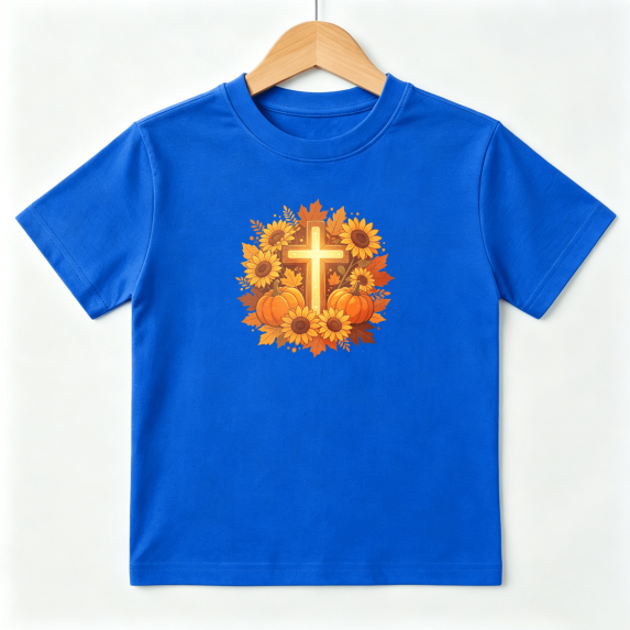 Christian Cross Sunflower Pumpkin Fall Boys Graphic Tees Thanksgiving Kids T-Shirt 100% Cotton Short Sleeve Tops Ages 4-13Y