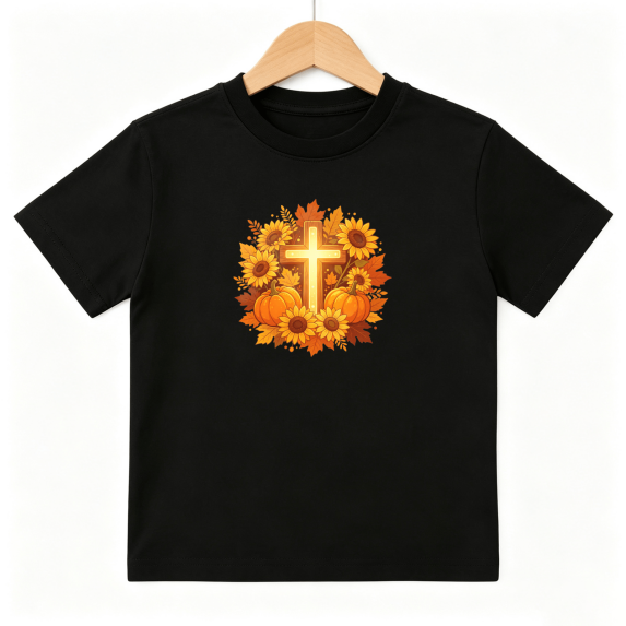 Christian Cross Sunflower Pumpkin Fall Boys Graphic Tees Thanksgiving Kids T-Shirt 100% Cotton Short Sleeve Tops Ages 4-13Y