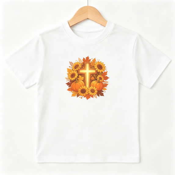 Christian Cross Sunflower Pumpkin Fall Boys Graphic Tees Thanksgiving Kids T-Shirt 100% Cotton Short Sleeve Tops Ages 4-13Y