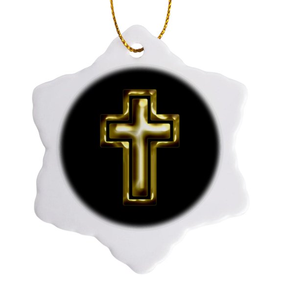 3drose, Christian Cross Symbol, 3 inch Snowflake Porcelain Ornament