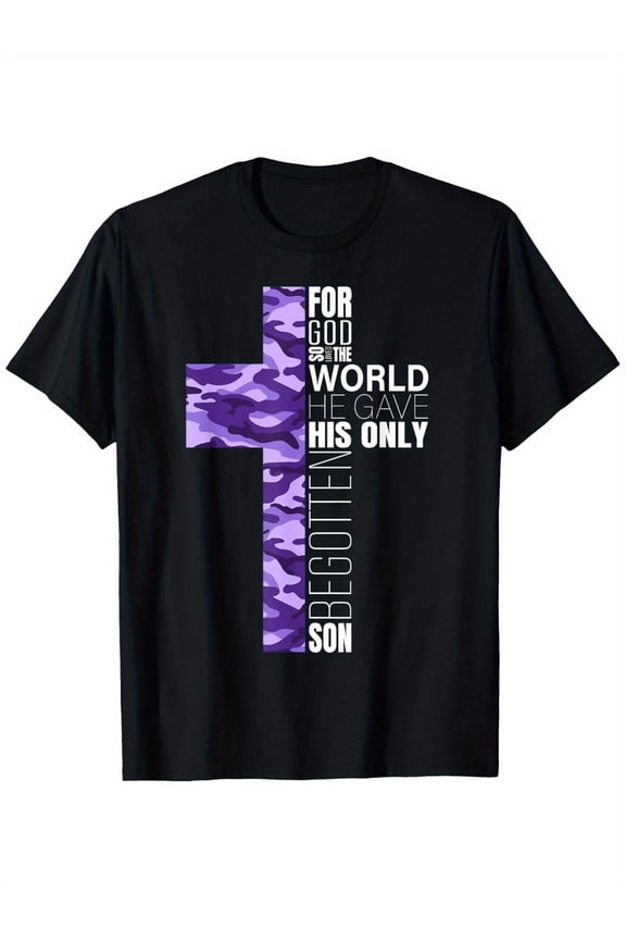 Christian Cross T-Shirt with Purple Camo Design & John 3:16 Verse - 100% Cotton 180g Breathable Fabric, Loose Fit Round Neck Casual Tee for Men Women Boys Girls (S-XXXL) - Religious