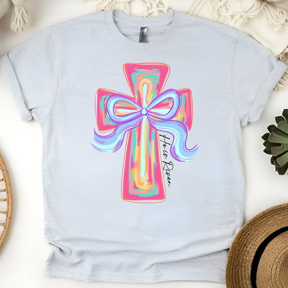 He Is Risen Cross Graphic T-Shirt | Pastel Christian Faith Tee for Women, Ash, Size S