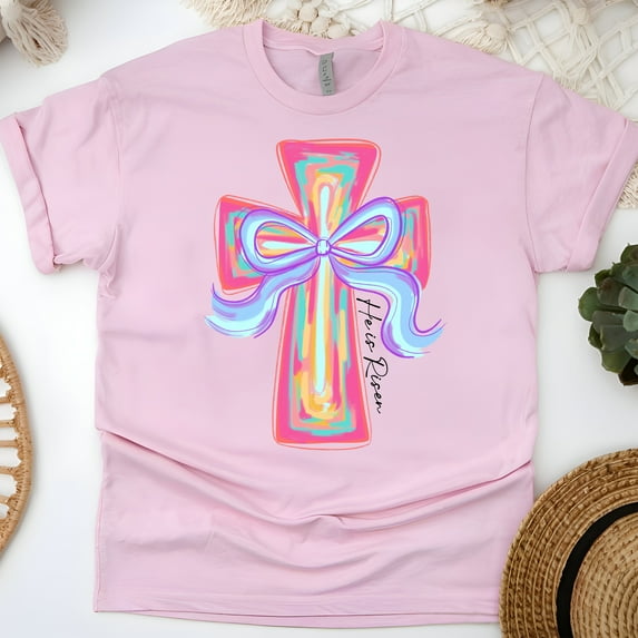 He Is Risen Cross Graphic T-Shirt | Pastel Christian Faith Tee for Women, Light Pink, Size S