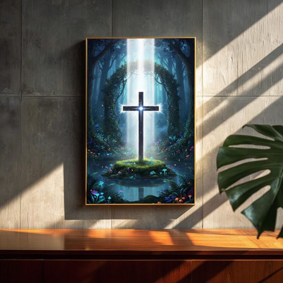 Christian Cross Wall Art Fantasy Forest Glow Spiritual Light Print Mystical Religious Decor For Living Room Prayer Space, Unframed Paper Poster 8x10in