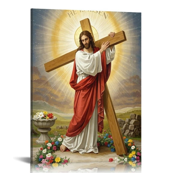 Christian Cross Wall Art Jesus Leaves the Tomb Canvas Painting Resurrected Savior Leaves the Tomb Posters Prints He Is Risen Pictures for Church Home Bedroom living room Home Wall Decor Framed