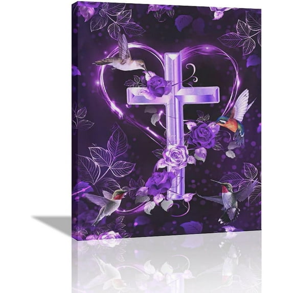 Christian Cross Wall Art Purple Flower Cross Hummingbird Pictures Wall Decor Religious Inspirational Canvas Painting Print Catholic Decor Artwork for Office Bathroom Bedroom Living Room Church 16"x20"