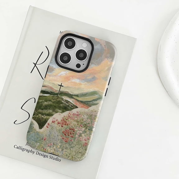 Christian Cross Wildflower Clear Phone Case, Faith Inspired Sunset Landscape Cover, Floral Spiritual Aesthetic Protective Case