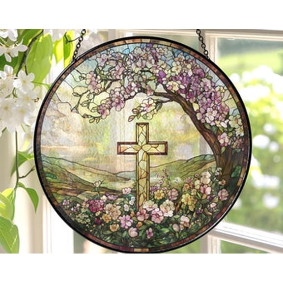 Christian Cross Wildflower Glass Suncatcher Round Window Hanging, 3.5 in
