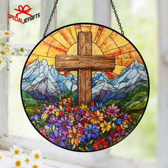 Christian Cross Wildflowers Stained Glass Suncatcher, Cross Suncatcher Gift, Stained Glass Cross Window Hangings, Religious Cross Suncatcher