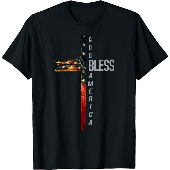 Christian Cross With Flag USA God Bless America 4th of July Women Men T-Shirt,Black