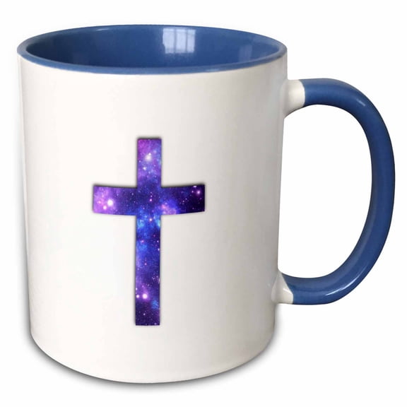 3drose, Christian Cross with Purple and Blue Outer Space Star Galaxy Pattern, 11oz Two-tone Blue Mug