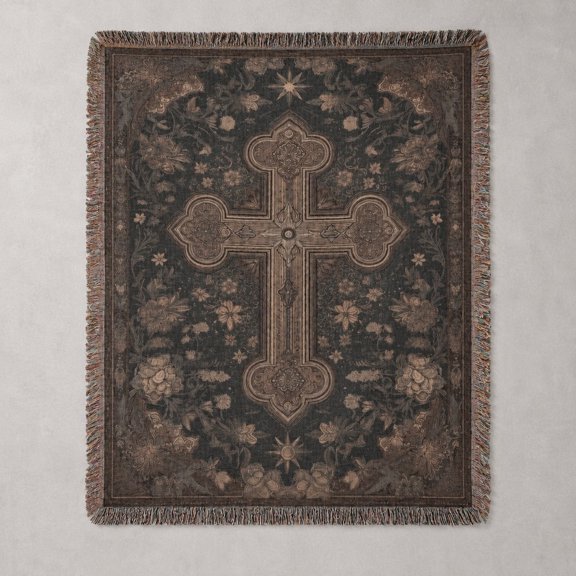 Christian Cross Woven Cotton Throw Blanket — Ornate Floral Religious Home Decor Gift, 3 Sizes