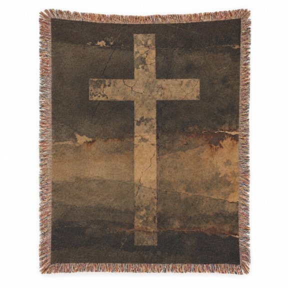 Christian Cross Woven Cotton Throw Blanket with Fringe, Rustic Faith Decor