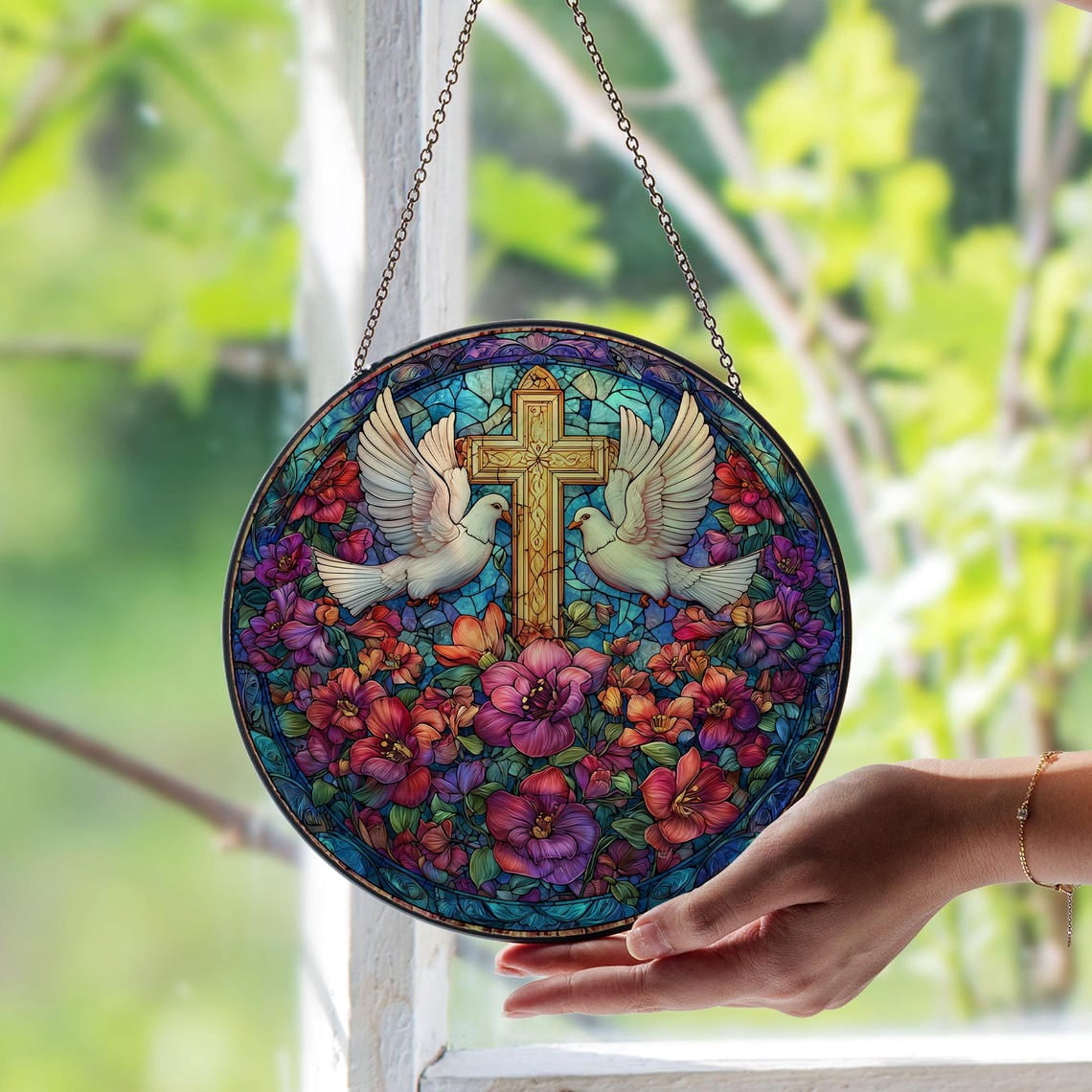Christian Cross and Doves Glass Suncatcher v2, Peaceful Faith Decor ...