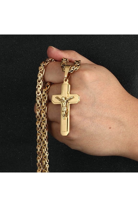 Christian Crucifix Jesus Christ Cross Necklace with Bible 14K Yellow Gold Byzantine Chain Necklace Baptism Prayer Jewelry Men