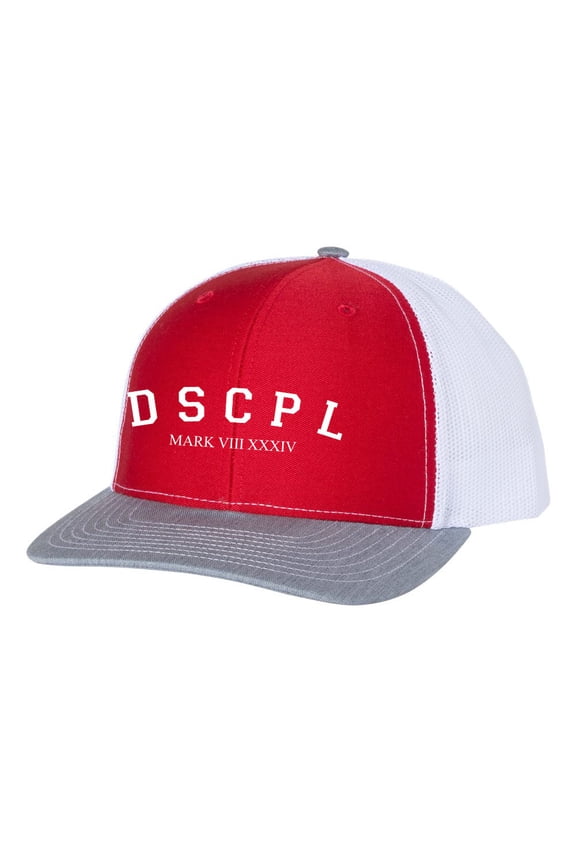 Christian DSCPL Disciple Mark VIII XXXIV Mens Embroidered Mesh Back Trucker Hat, Red/Heather Grey/White