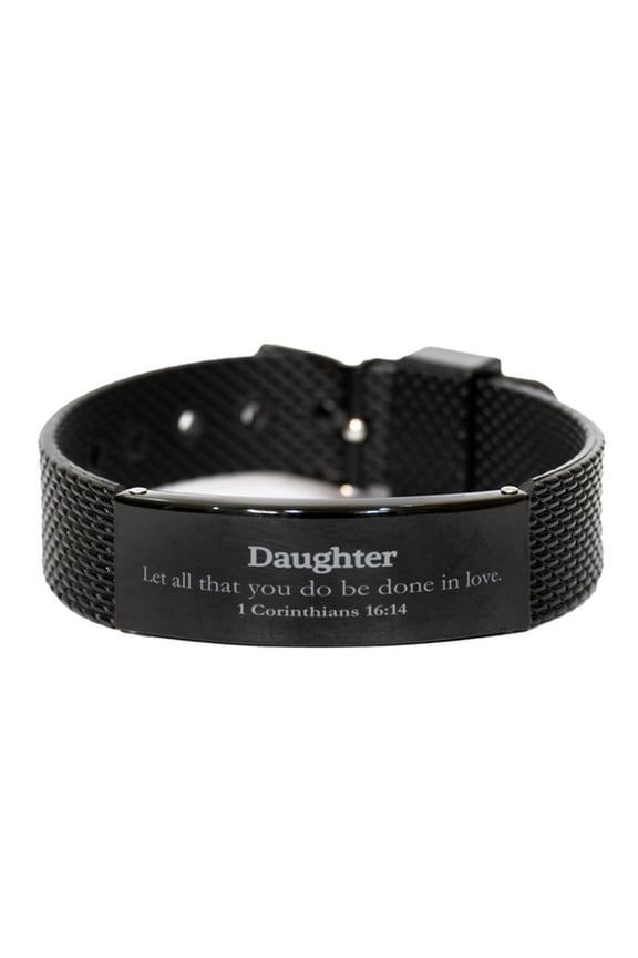 Christian Daughter Gifts, Let all that you do be done in love, Bible Verse Scripture Black Shark Mesh Bracelet, Baptism Confirmation Gifts for Daughter