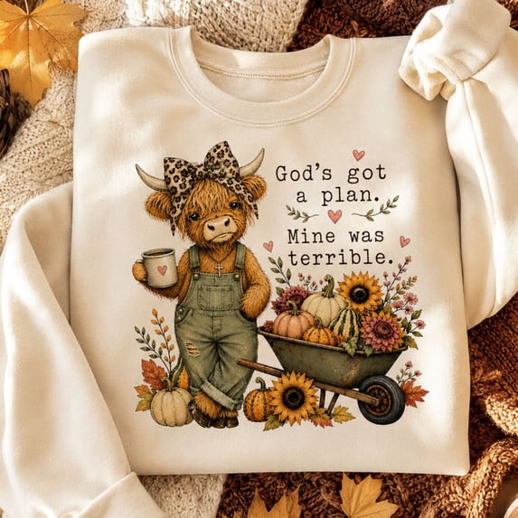 Christian Day Shirt, God's Got a Plan Mine Was Terrible Highland Cow Sweatshirt, Funny Faith Fall Hoodie, Christian Gift for Women