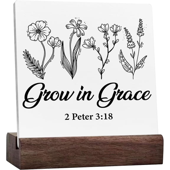 Christian Decor Farmhouse Grow In Grace Bible Verse Ceramic Desk Sign Floral Spring Decorations Rustic Home Desk Shelf Tabletop Decor