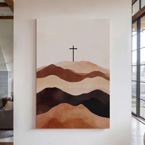 Christian Desert Cross Print – Minimalist Faith Wall Art With Earth Tones, Spiritual Landscape Poster For Prayer Room Or Home Decor Wall Art, Modern Wall Decor, 8x12 UNFRAMED