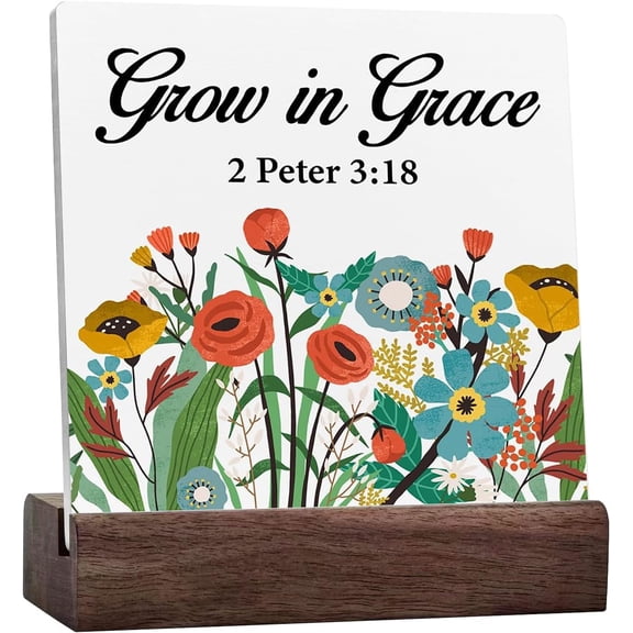 Christian Desk Decor Farmhouse Grow In Grace Scriptures Floral Ceramic Table Sign Bible Verse Decorations Rustic Home Desk Shelf Tabletop Decor