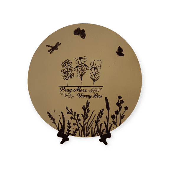 Christian Desk Decor Pray More Worry Less Floral Wood Round Sign