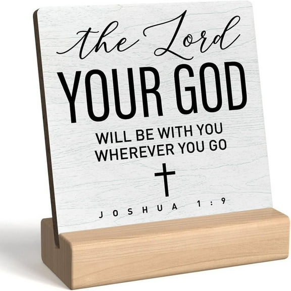 Christian Desk Wooden Sign Decor, The Lord Your God Be With You, Home Office Religious Motivational Decor Scripture Bible Verse Desk Decoration Inspirational Christian Baptism Gifts For Women Men
