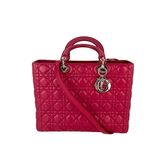 Pre-Owned Christian Dior Lambskin Cannage Large Red Lady Dior Shoulder Bag