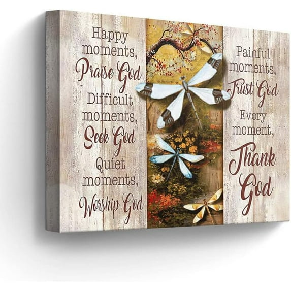 Christian Dragonfly Canvas Wall Art Dragonfly Pictures Wall Decor Inspirational Quotes Painting for Bedroom Bathroom Living Room Prints Happy Moments Praise God Artwork Framed 12"x16"