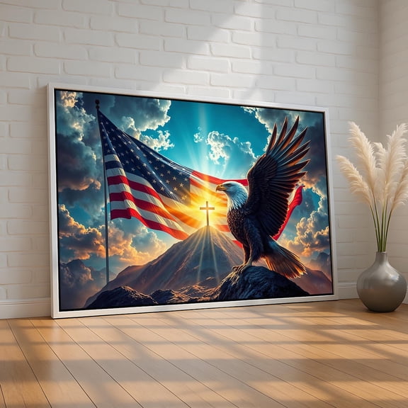 Christian Eagle American Flag Canvas Patriotic Faith Wall Art With Cross On Mountain Usa Freedom Decor For Home & Gifts Ready To Hang, Unframed Poster Size 16x24